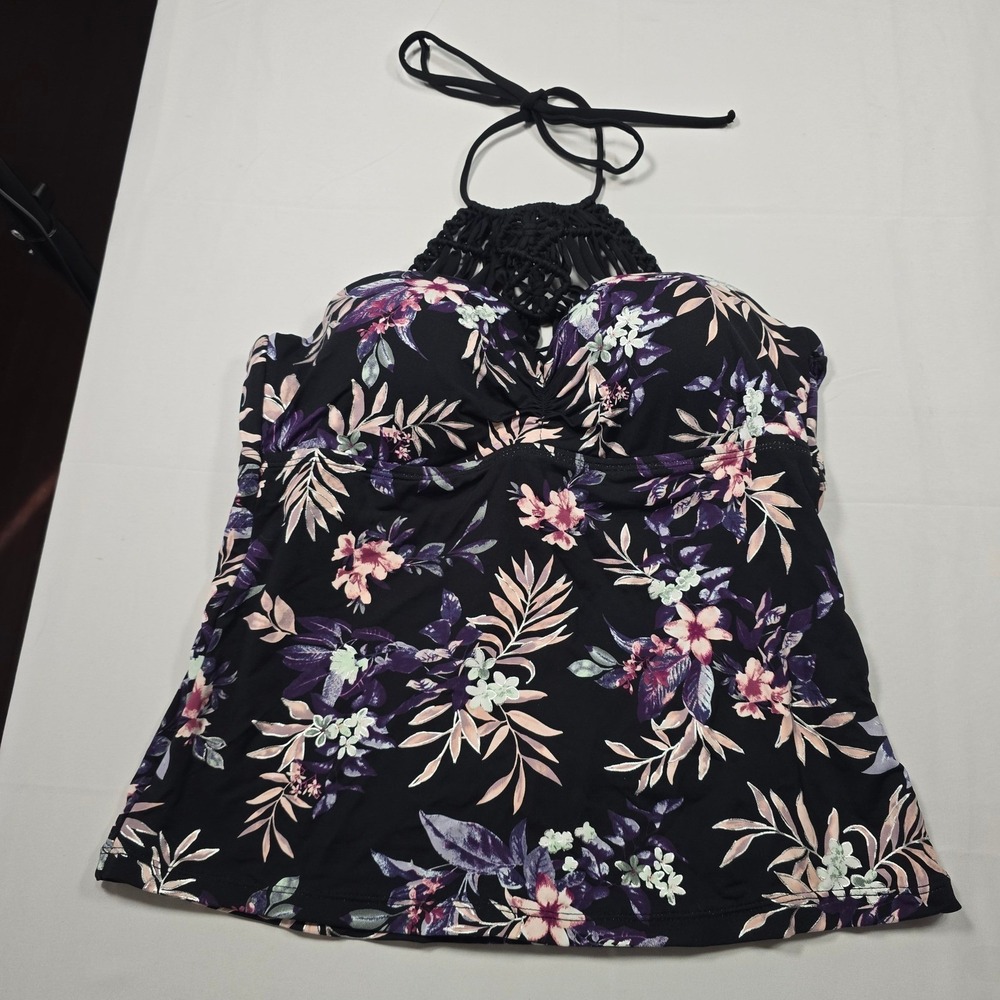 Ambrielle‎ Floral Macrame Halter Tankini Top Black Purple Tropical Small